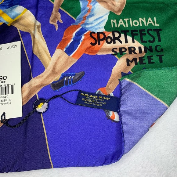 NWT Rare Hand Made 100% Silk Polo Ralph Lauren Marathon Sport Pocket Square - Picture 7 of 9